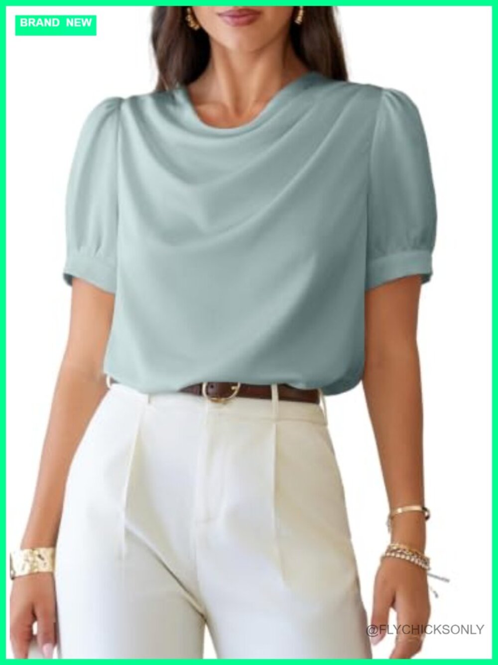 Satin Cowl Neck Blouse Short Puff Sleeve Pullover Work Top
